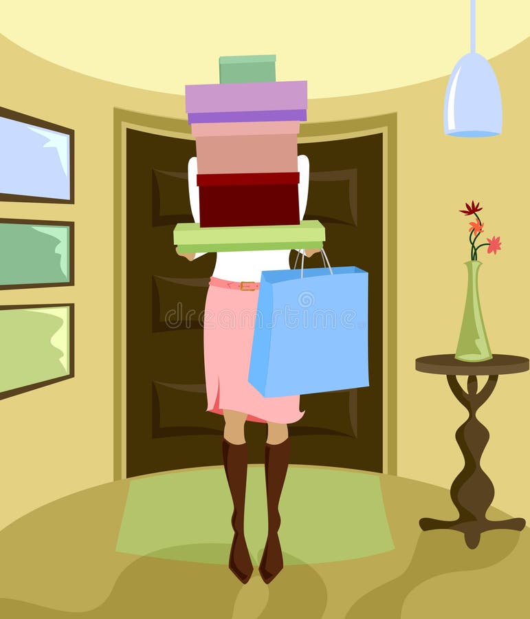 Woman arrives home carrying a stack of boxes and bag, after a huge shopping spree. Pile boxes vectors