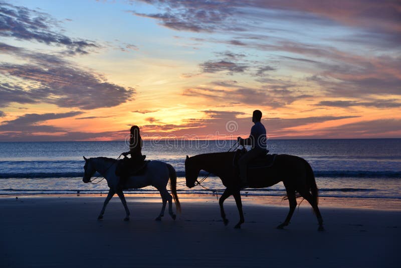 Two early morning riders slowly walk their horses along the ocean waves