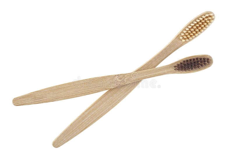 Two Ecofriendly Bamboo Toothbrushes Isolated on White Background, Top