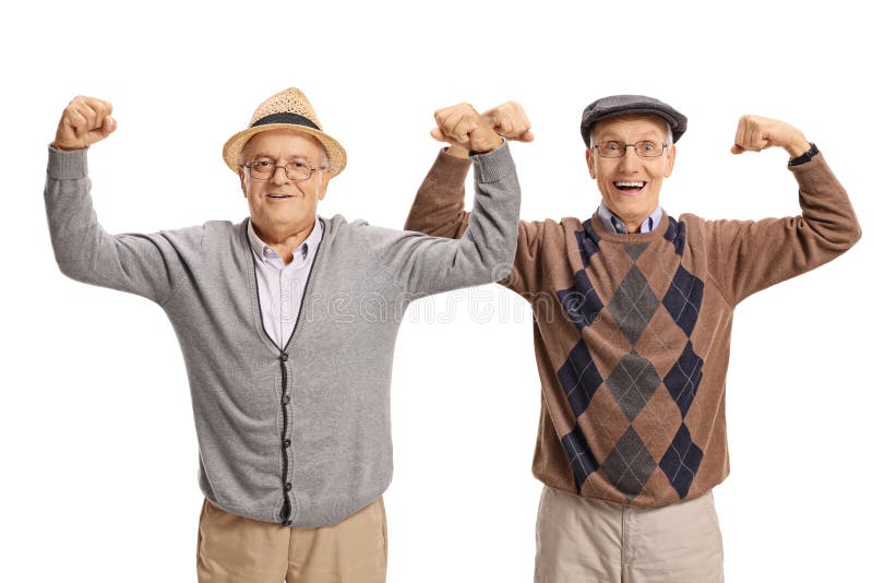 Two elderly men flexing their biceps and looking at the camera isolated on white background