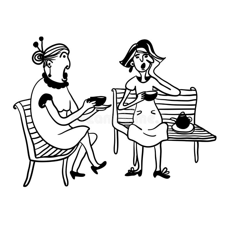 Two elderly women gossiping and drinking tea on a bench contour comic illustration