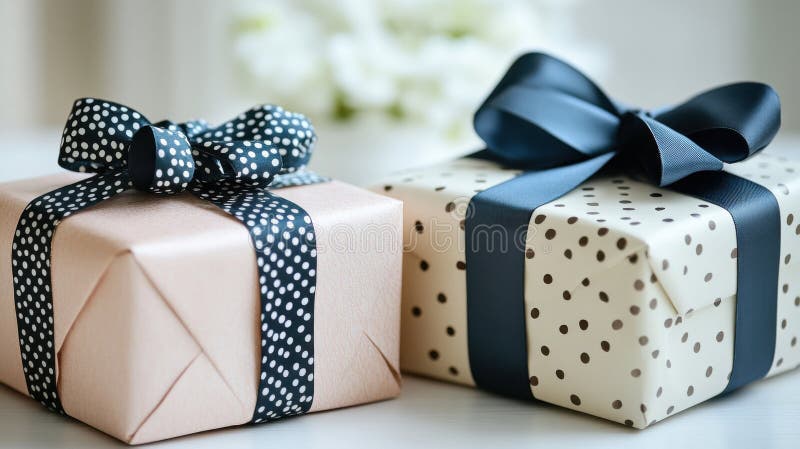 Two Elegantly Wrapped Gifts with Navy Blue and Pink Ribbons royalty free stock photo