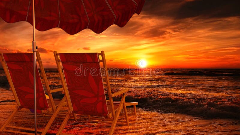 Two empty chairs on beach under opened umbrella with view on sea sunset