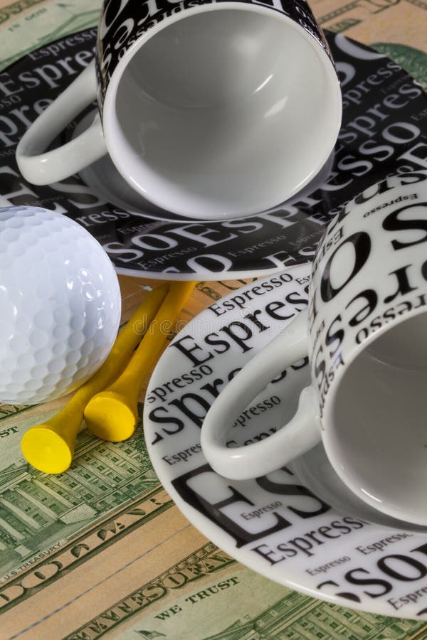 Two Empty Coffee Cups and Golf Equipments Stock Image Image of