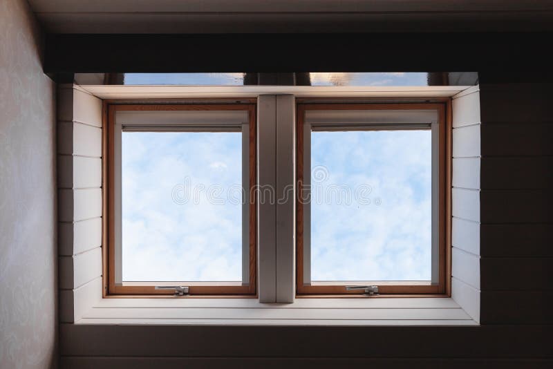 Two Empty Windows in Wooden Ceiling Stock Image - Image of attic, light ...