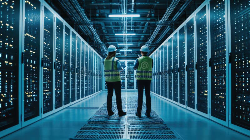Two engineers having a discussion in the brightly illuminated aisle of a server room filled with racks of computing royalty free stock image