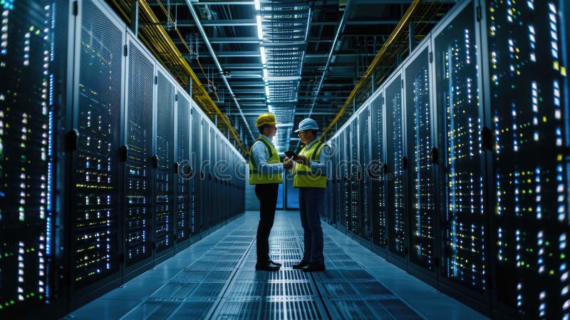 Two engineers having a discussion in the brightly illuminated aisle of a server room filled with racks of computing royalty free stock image