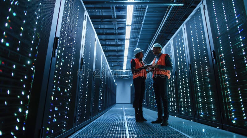 Two engineers having a discussion in the brightly illuminated aisle of a server room filled with racks of computing stock image