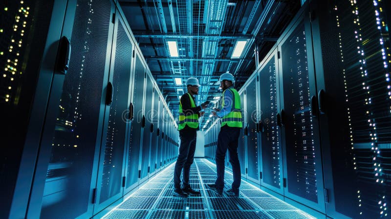 Two engineers having a discussion in the brightly illuminated aisle of a server room filled with racks of computing stock photo