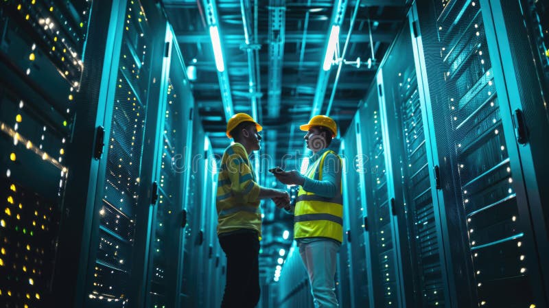 Two engineers having a discussion in the brightly illuminated aisle of a server room filled with racks of computing royalty free stock photos
