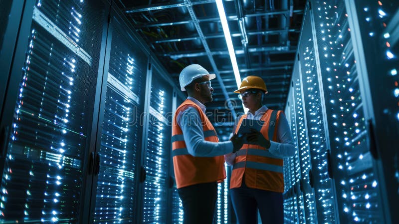 Two engineers having a discussion in the brightly illuminated aisle of a server room filled with racks of computing royalty free stock images