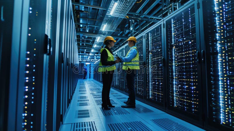 Two engineers having a discussion in the brightly illuminated aisle of a server room filled with racks of computing stock photo