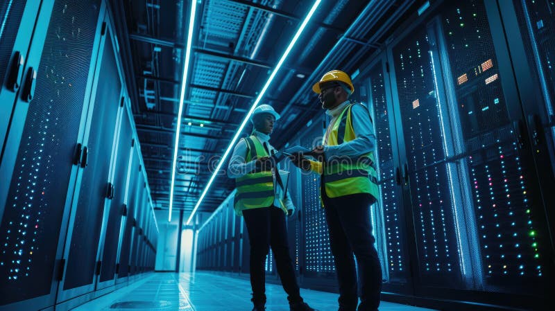 Two engineers having a discussion in the brightly illuminated aisle of a server room filled with racks of computing royalty free stock photography