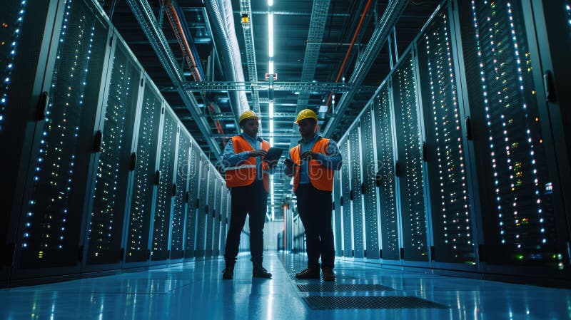 Two engineers having a discussion in the brightly illuminated aisle of a server room filled with racks of computing royalty free stock photography