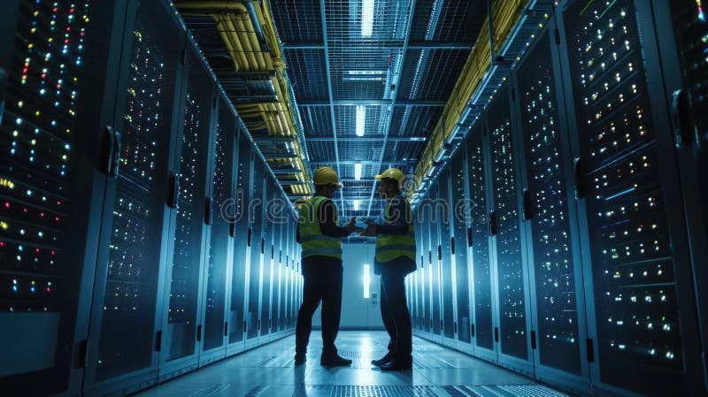 Two engineers having a discussion in the brightly illuminated aisle of a server room filled with racks of computing stock image