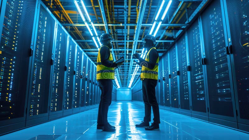 Two engineers having a discussion in the brightly illuminated aisle of a server room filled with racks of computing stock images