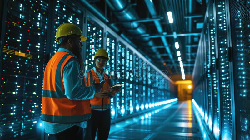 Two engineers having a discussion in the brightly illuminated aisle of a server room filled with racks of computing stock photography