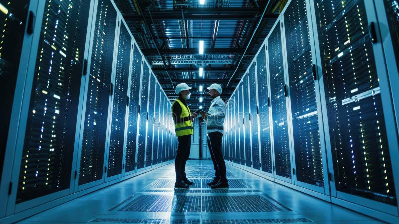 Two engineers having a discussion in the brightly illuminated aisle of a server room filled with racks of computing royalty free stock images
