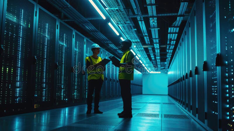 Two engineers having a discussion in the brightly illuminated aisle of a server room filled with racks of computing stock image