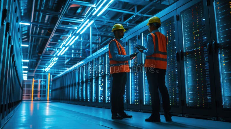 Two engineers having a discussion in the brightly illuminated aisle of a server room filled with racks of computing royalty free stock image