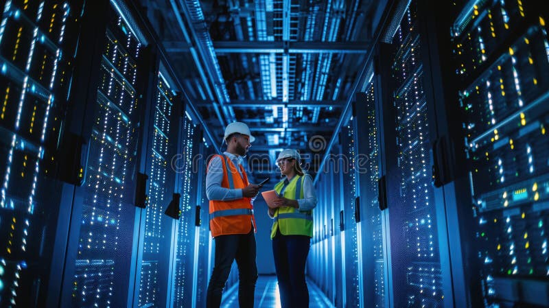 Two engineers having a discussion in the brightly illuminated aisle of a server room filled with racks of computing royalty free stock photos
