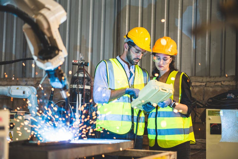 Two engineers mechanic using computer controller Robotic arm for welding steel in steel factory workshop. Industry robot stock photo