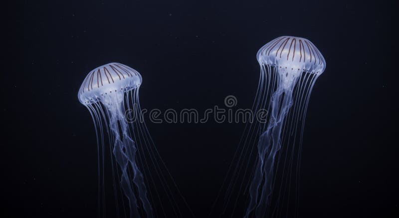 Two Elegant Moon Jellies Gracefully Floating in Dark Ocean Waters. Two ethereal moon jellies drift serenely against a deep black background, their translucent bodies illuminated. The image showcases their intricate details and graceful movements in the ocean s depths.