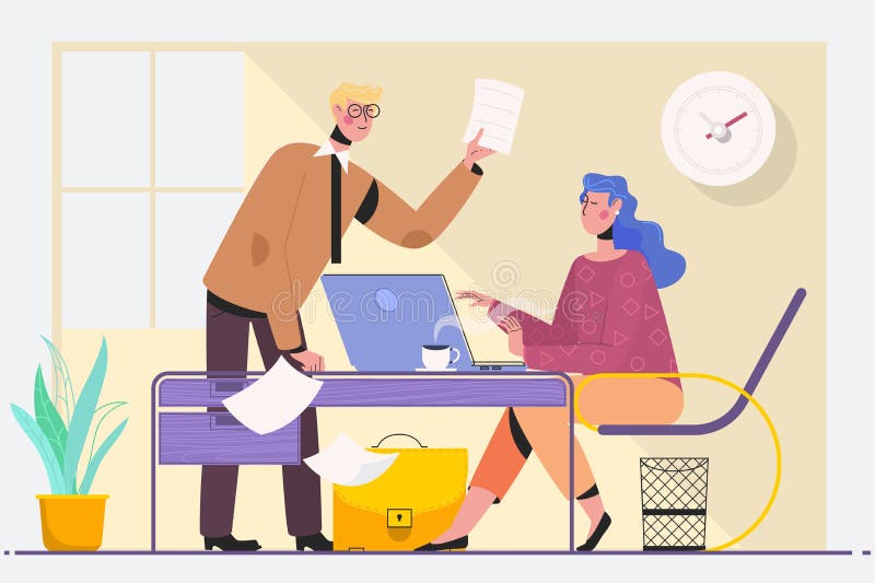Two experienced business executives in a meeting seated at a table discussing paperwork and information on a laptop vector illustration Two experienced business executives in a meeting seated at a table discussing paperwork and information on a laptop vector illustration