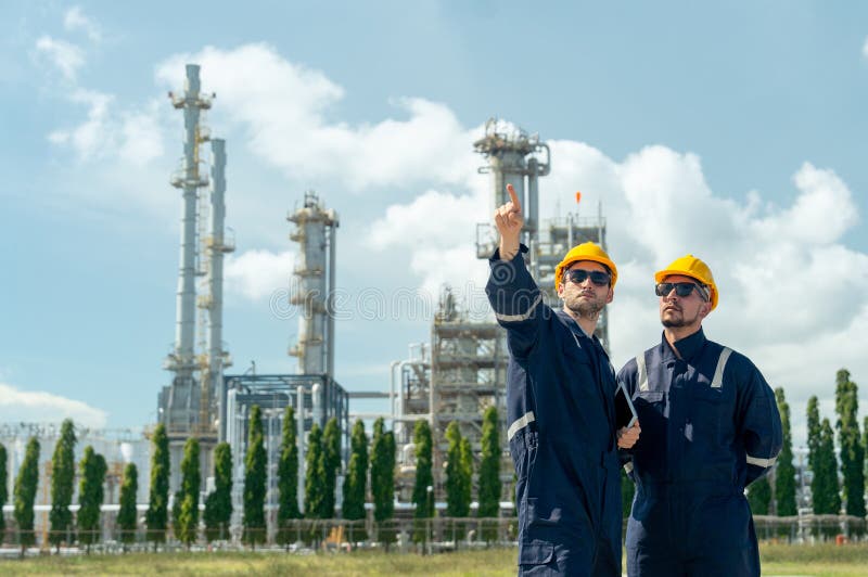 Two factory engineer or technician workers with one hold tablet and point forward look like explain work to coworker and stand in royalty free stock photo