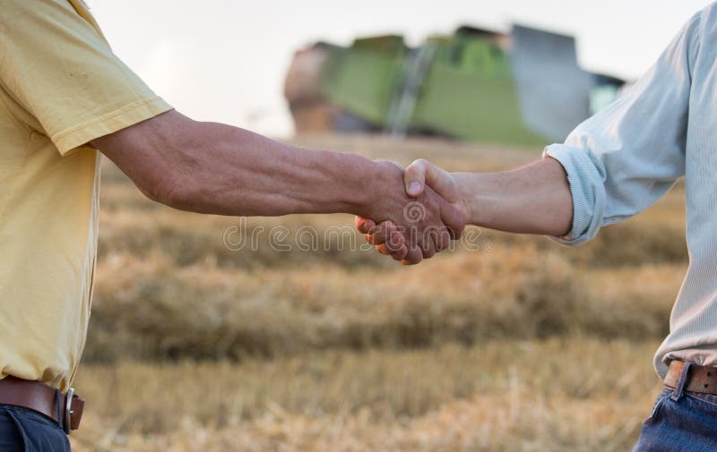 Two farmers shaking hands in field
