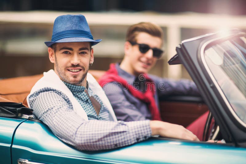 Two Fashion Man Sitting in Luxury Retro Cabriolet Car Stock Image ...