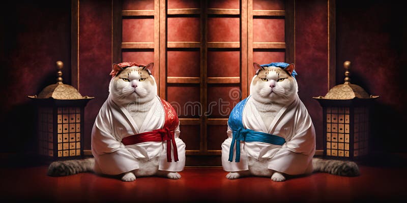 Two fattened British cats dressed in kimono