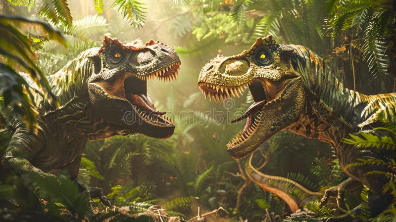Two fierce aggressive dinosaurs confronting each other with open mouths and sharp teeth in a dense lush jungle environment The royalty free illustration