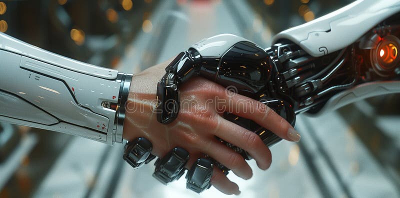 Two figures, one human and one robotic, standing in a room and shaking hands in a moment of sharing. The robots electric blue metal hand clasps the mans hand in a symbol of unity. Robots working futuristic office stock images, royalty-free photos and pictures