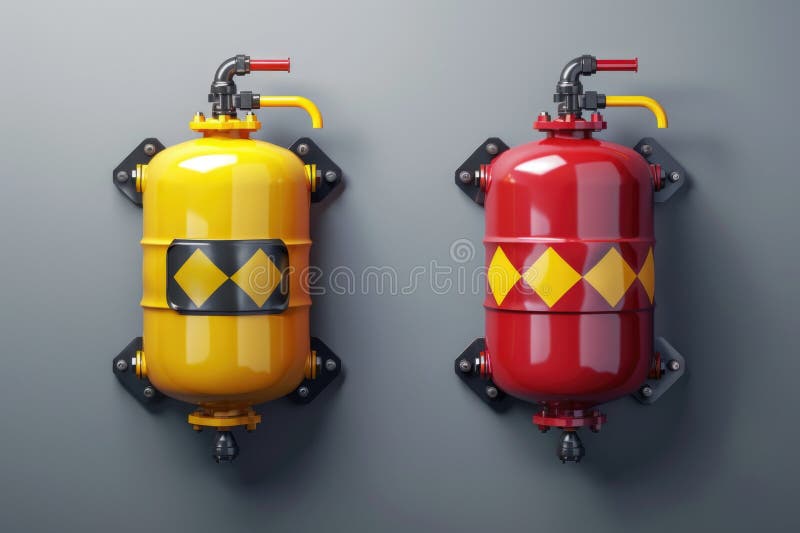 Two fire extinguishers, one yellow and one red, placed next to each other royalty free stock photos