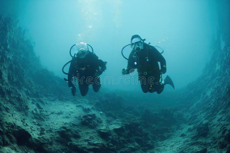 Two Floating Scuba Divers and a Diver Underwater View at Depth. Stock