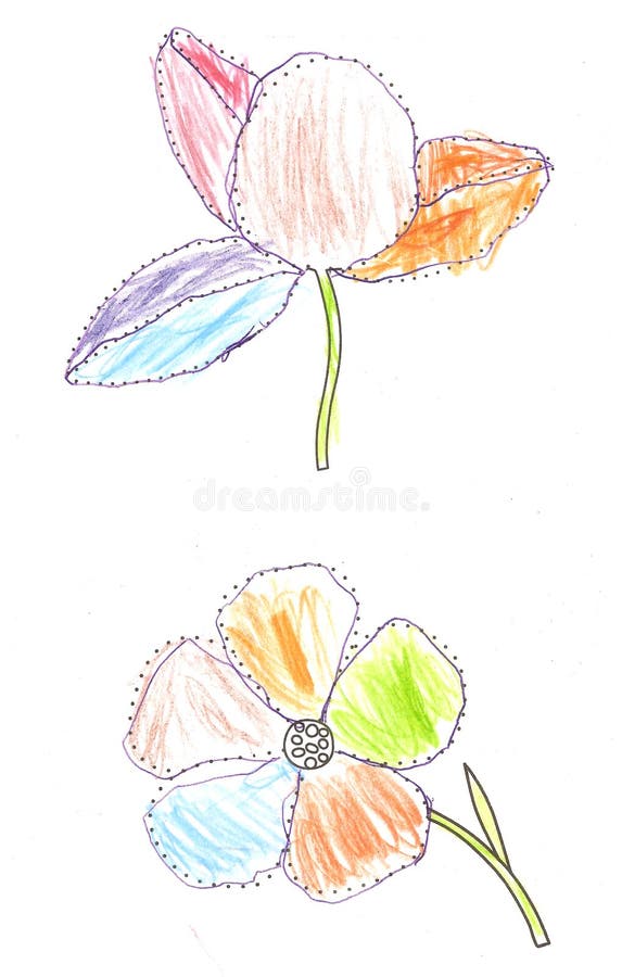 two flowers drawn with chalk on the pavement. temporary children\ s drawings children\ s creativity - 2 flowers drawing