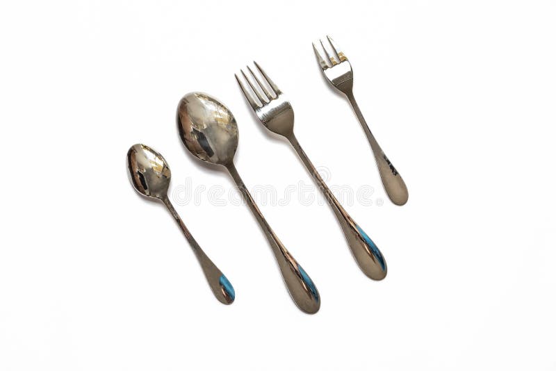 Two Forks and Two Spoons Group Isolated Over White Stock Photo Image