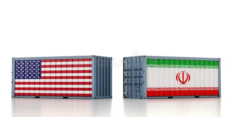 Two Freight Container with USA and Iran Flag. Stock Illustration
