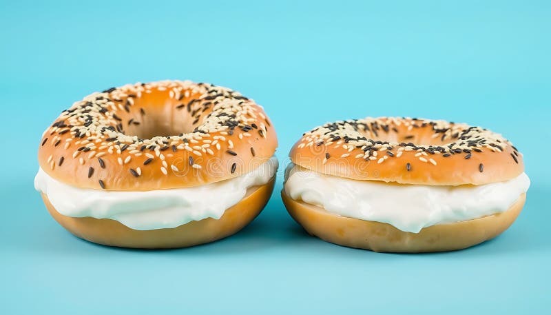 Two fresh bagels sliced cream cheese spread plain blue background breakfast food lunch snack, Stock Photo, Generative AI vector illustration