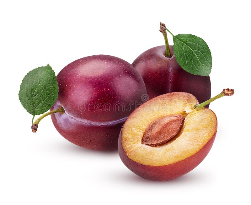 Two Fresh Plum with Leaf and One Cut in Half with Bone Stock Photo