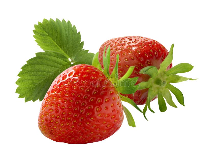 Two fresh strawberry and leaves on white background