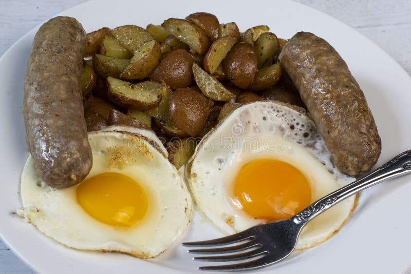 Breakfast Plate of Fried Eggs and Italian Sausage Stock Image Image