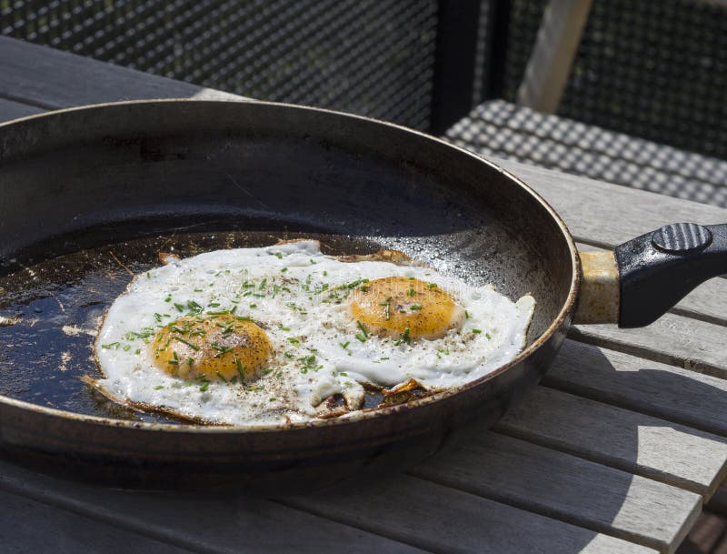 Two Fried Eggs Sunny Side Up Egg on Old Pan Stock Image Image of