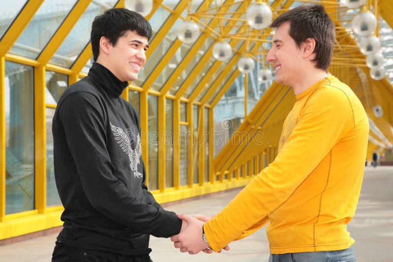 Two friends handshaking on footbridge