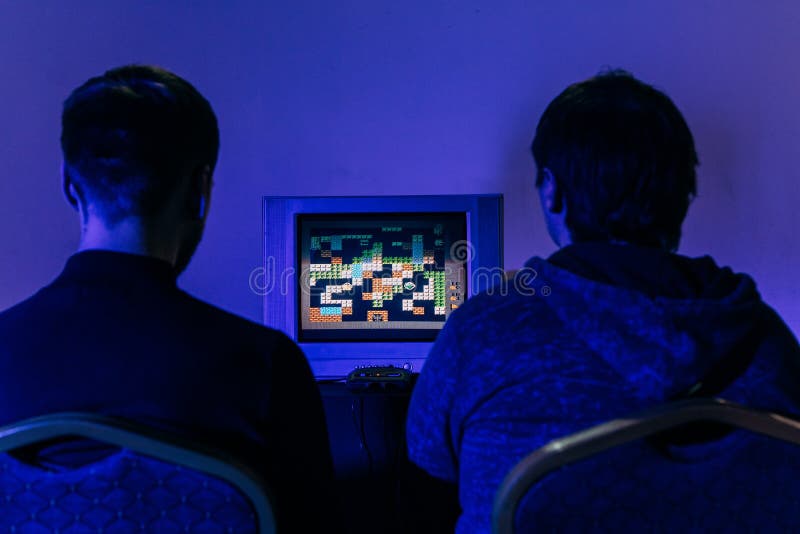 Two Friends Joysticks Play Retro Game Tv Stock Photo Image of