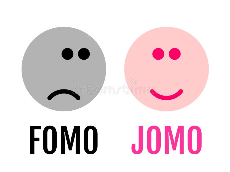 Two Funny Emojis Showing the Difference between FOMO and JOMO. JOMO Means Joy of Missing Out. FOMO Means Fear of Missing Out. Stock Illustration - Illustration of influence, media: 177773891