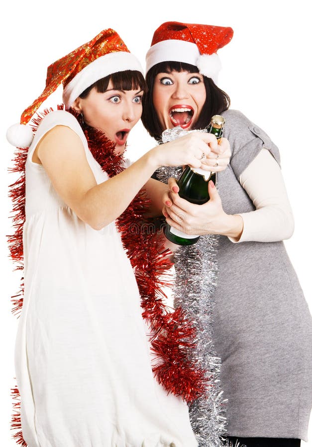 Two Funny Girls Opening a Champagne Bottle Stock Image Image of adult