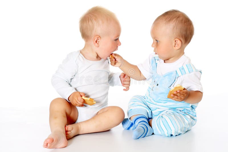 Two funny lovely baby boys sitting together and eating cookies on white background