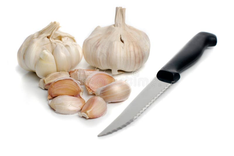 Two Garlic and Kitchen Knife Stock Image Image of white, spice 19168723